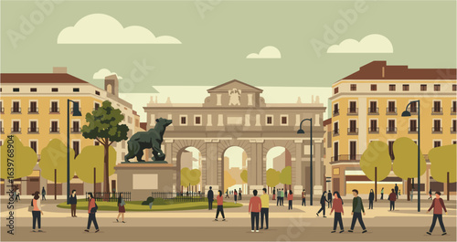 Urban stroll with tourists at iconic monument madrid digital art vibrant atmosphere wide angle cultural exploration. Vector illustration