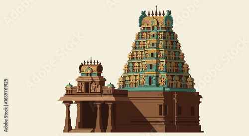 Cultural heritage showcase ancient temple architecture india digital art vibrant colors aerial perspective. Vector illustration