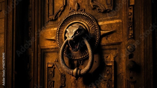 Ornate door knocker on antique wooden door