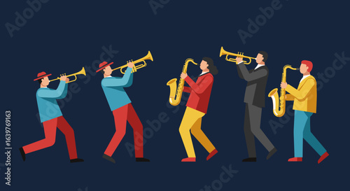 Lively jazz performance musicians playing trumpets festival stage digital illustration urban nightlife vibrant atmosphere. Vector illustration