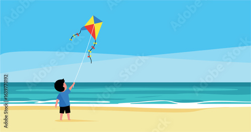 Flying a colorful kite beachside adventure outdoor activity sunny environment child's perspective fun concept. Vector illustration