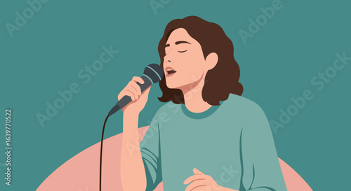 Live performance by female singer music venue animated illustration vibrant setting close-up view artistic concept. Vector illustration