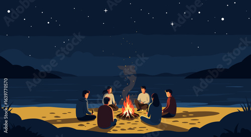 Campfire gathering under starry skies beach location digital artwork relaxing atmosphere warm lighting friendship concept. Vector illustration