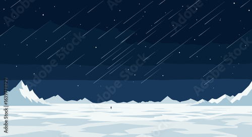 Meteor shower observed over icy landscape night sky digital art remote area wide angle cosmic phenomenon. Vector illustration