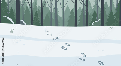 Footprints in the snow forest landscape digital illustration tranquil winter scene wide angle nature exploration. Vector illustration