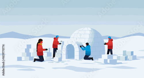 Building an igloo winter construction activity arctic landscape illustration cold environment aerial view cultural tradition. Vector illustration