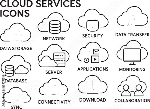 Cloud service icons with data and people cloud icons
