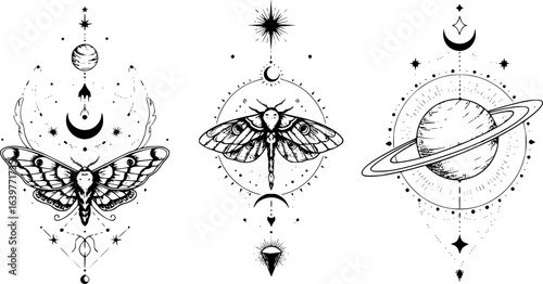 Tattoo art. Vector surreal astrology. Universe space tattoo print. Magic witch astronomy graphic with moon, star, moth, cat, saturn. Sketch boho mystic illustration. Vintage esoteric surreal art