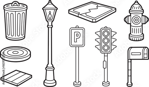 Urban Street Elements Vector Illustration Featuring Traffic Signs and City Fixtures