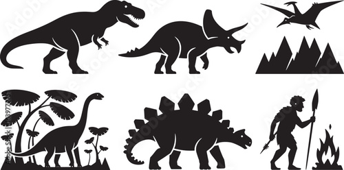 Prehistoric Era Vector Illustration Featuring Dinosaurs and Cavemen in Silhouette