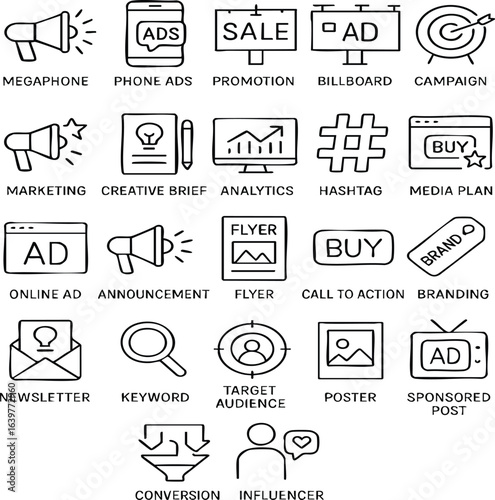 Illustration of advertising web icons in line style featuring marketing and promotion symbols