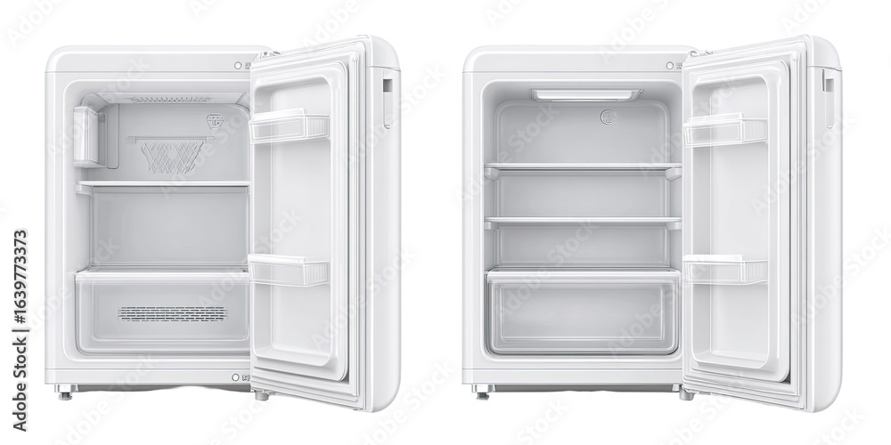 Obraz premium Two views of a white mini refrigerator with interior shelves. The doors are open to show the interior compartments