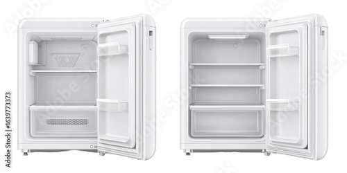 Two views of a white mini refrigerator with interior shelves.  The doors are open to show the interior compartments