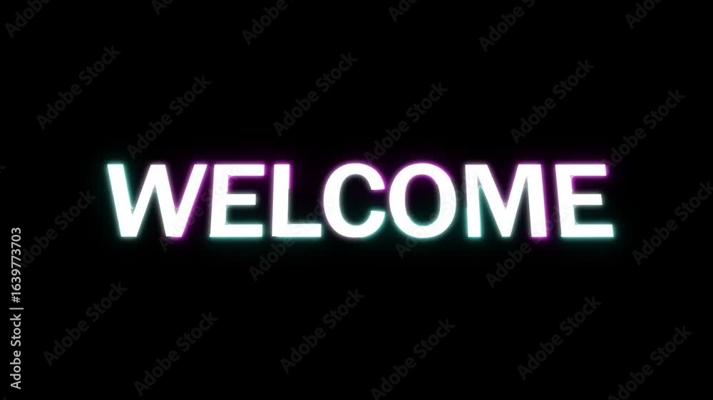 Glowing neon welcome text animation on black background. Glowing neon welcome text animation on black background.