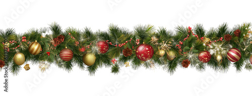 Seamless decorative christmas border with coniferous branches and garlands on transparent background, christmas lights and ornaments festival plant tree.