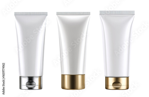 Three cosmetic tubes, white, glossy, different metallic caps