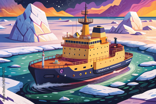 Icebreaker ship navigating frozen polar seas, breaking thick ice sheet cartoon wallpaper
