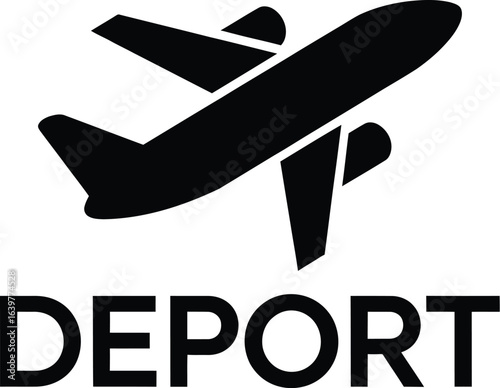 Deportation Concept Vector Icon | Airplane Silhouette with "DEPORT" Text on Transparent Background, Symbolizing Immigration, Expulsion, or Travel Restrictions.