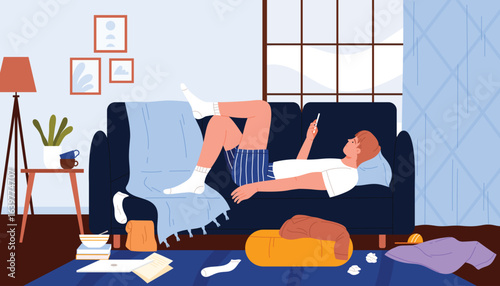 Lazy sad man with phone in hand lying on sofa in messy and dirty room, procrastination of young male character. Unmotivated person holding smartphone to scroll through feed cartoon vector illustration