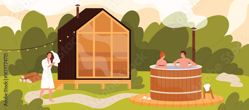 Barrel sauna, people enjoy hot water bath in wooden bucket in summer forest landscape, spa glamping. Couple taking bath near bathhouse cabin, girl drying hair with towel cartoon vector illustration