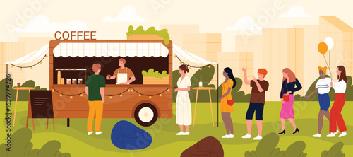 Customers standing in queue at outdoor coffee food truck in city park, perfect for concepts about street food, urban lifestyle, and social gatherings vector illustration