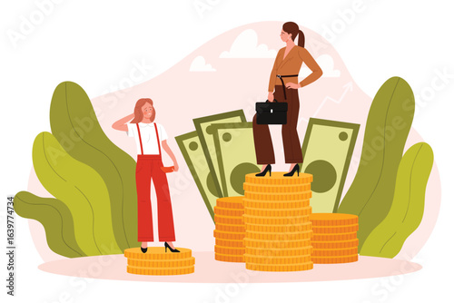Two women stand on stacks of coins showing income inequality and financial gap with money and plants in background, perfect for business or finance topics vector illustration