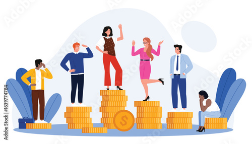 Wage inequality of business people, differences in salary and financial income, social status, wealth comparison. Employees standing on stacks of coins of different sizes cartoon vector illustration