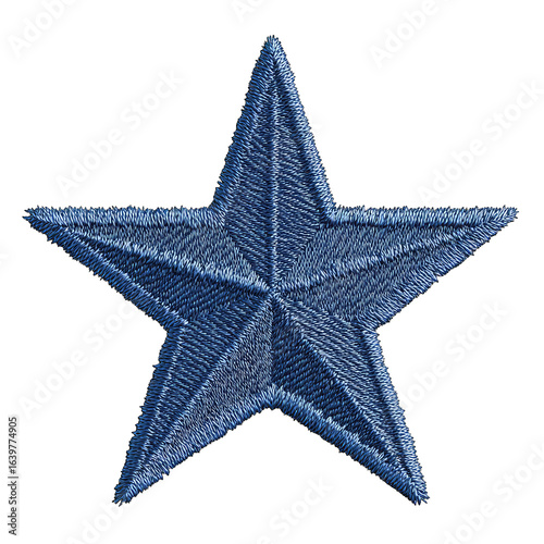 A stylized, embroidered denim-blue star