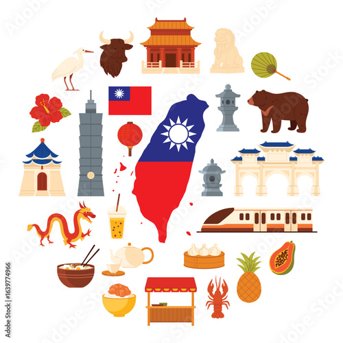 Taiwanese culture elements and landmarks of Taiwan, animals and food in round infographic banner. Map of Taiwan with flag and High Speed Rail, street market food and tea cartoon vector illustration