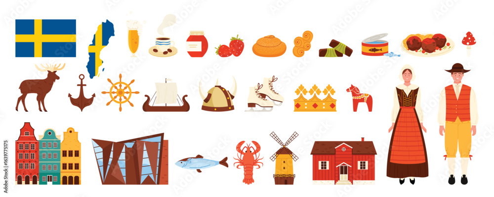Obraz premium Travel to Swedish. Culture, traditional food, landmarks, and heritage. Includes iconic elements like Viking ships, windmills, and national symbols vector illustration.