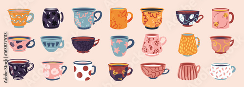 Collection of vintage tea and coffee cups and mugs featuring hand drawn floral, striped and leaf patterns for classic breakfast, brunch or afternoon tea party vector illustration