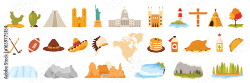 A diverse collection of North American landmarks, symbols, and cuisine, representing the continent s rich cultural heritage and natural wonders.