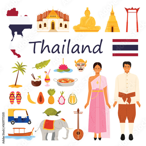 Travel to Thailand set, Thai culture elements and tourism objects, animals and title. Woman and man in traditional Chut Thai dress, Big Buddha and Buddhist temple, pagoda cartoon vector illustration