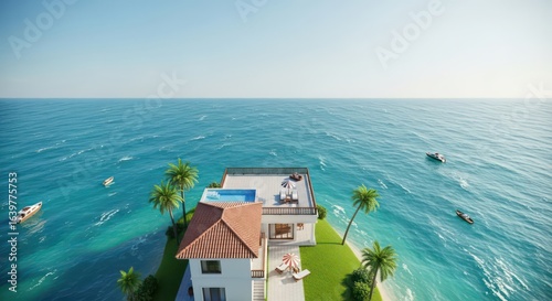 Solitary Paradise: Aerial View of a Luxury Villa on a Tiny Island Amidst a Turquoise Sea