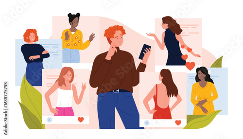 Virtual dating, choice of romantic partner in online social media chat. Pensive single man chatting with diverse group of girls, using phone to choose love at distance cartoon vector illustration