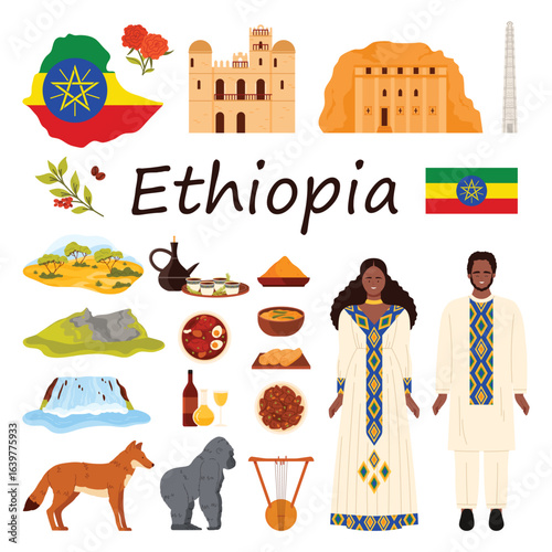 A detailed illustration featuring Ethiopia culture, traditions, and iconic symbols. Includes traditional clothing, landmarks, wildlife, cuisine, and the Ethiopian flag, vector illustration.