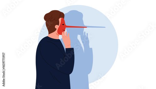 Hypocrisy and deception, hiding truth and lies of hypocrite. Hypocritical man holding mask with Pinocchio funny long nose to cover and hide true face, secret emotions cartoon vector illustration