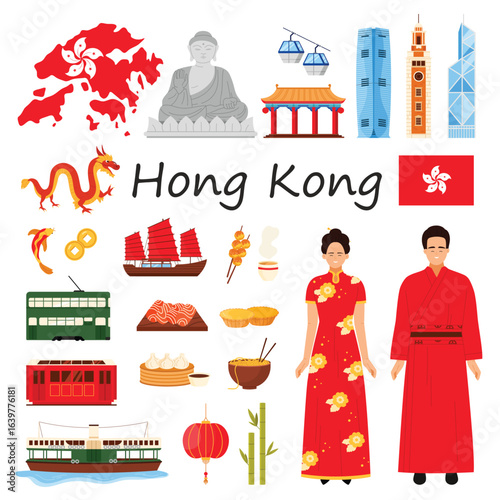 Hong Kong culture elements and people in traditional dress, landmark and street food infographic set. Ferry, tram and bus, cable car for tourist travel, Buddha statue cartoon vector illustration