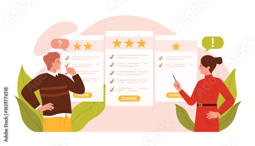 Choose subscription plan, comparison of options and terms of service. Pensive man and woman think about price selection, compare commercial offers to click Choose button cartoon vector illustration