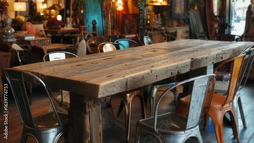 Rustic wooden table in a vintage shop
