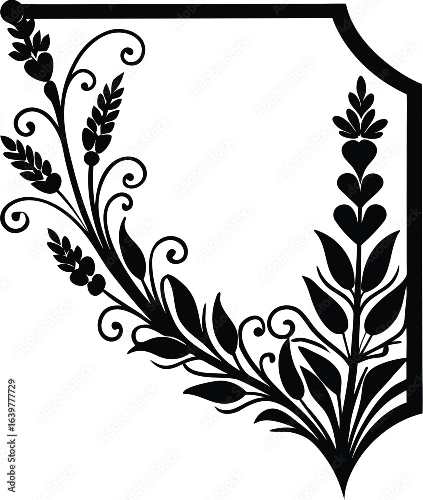 Obraz premium Vector art of decorative black scrollwork with floral elements and leaves, forming a corner accent, isolated on white background