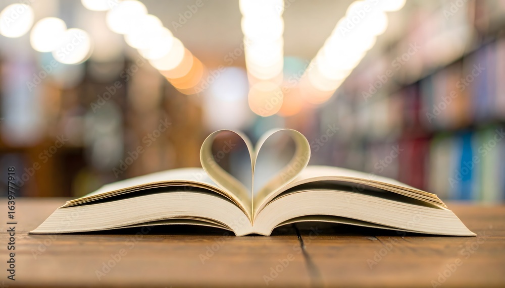 Fototapeta premium Open book with pages shaped into a heart, symbolizing love for reading and knowledge in a library