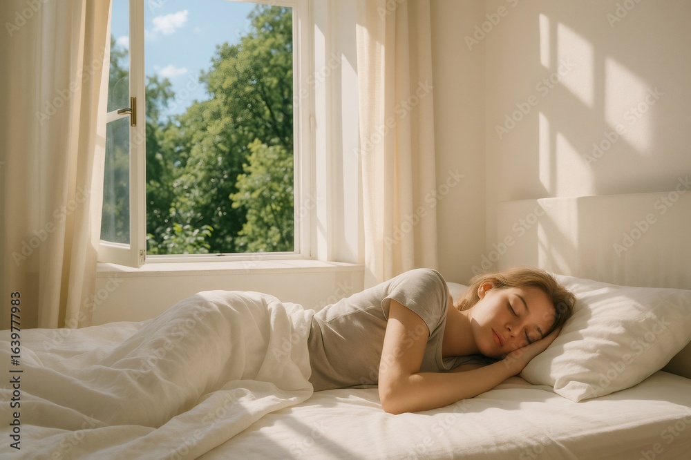 Serene morning scene of a young woman enjoying a peaceful midday nap in a sunlit bedroom, embracing the tranquility of a restful moment Serene morning scene of a young woman enjoying a peaceful midday nap in a sunlit bedroom, embracing the tranquility of a restful moment