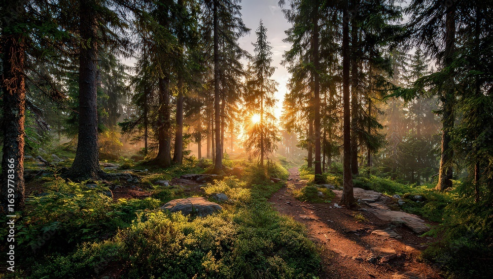 Obraz premium Sunrise In A Lush Forest