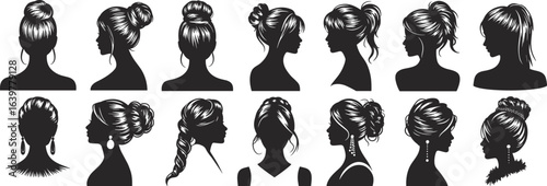 Elegant updo hairstyle silhouette vector set, braided bun, ponytail, fashion profile, woman head, beauty clipart, black graphic, isolated