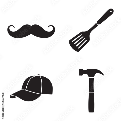 Four black silhouette icons of mustache cap spatula and hammer