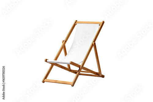 White canvas deck chair on a dark background.  Wooden frame