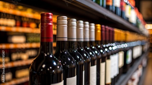 Elegant wine bottles lined up on a shelf, perfect for beverage marketing
