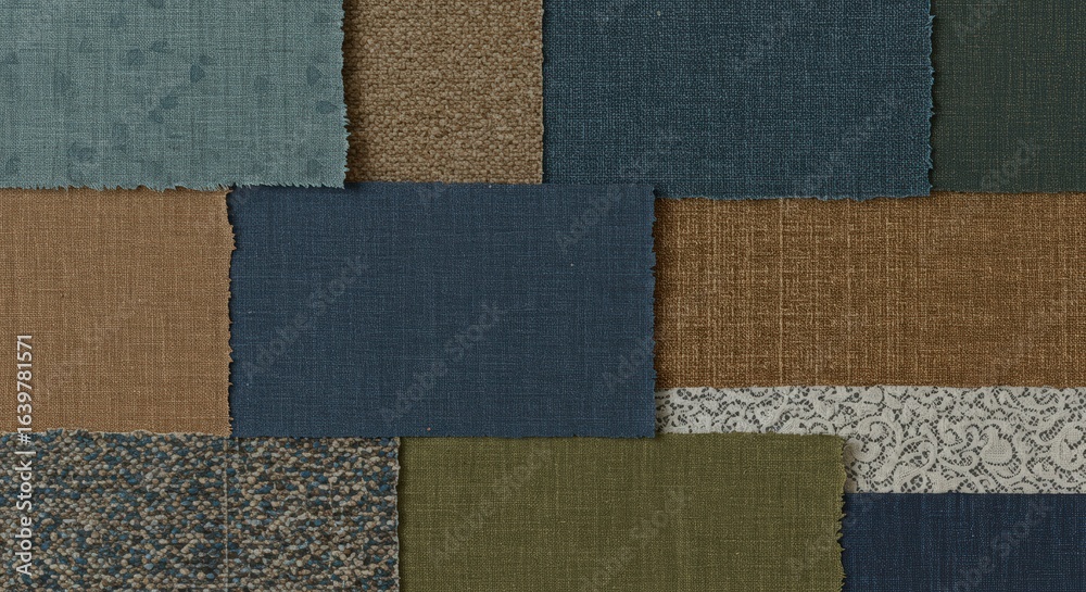 Fototapeta premium Patches of cloth, squares, colors blues, browns, and greens. Texture and variety in a muted palette
