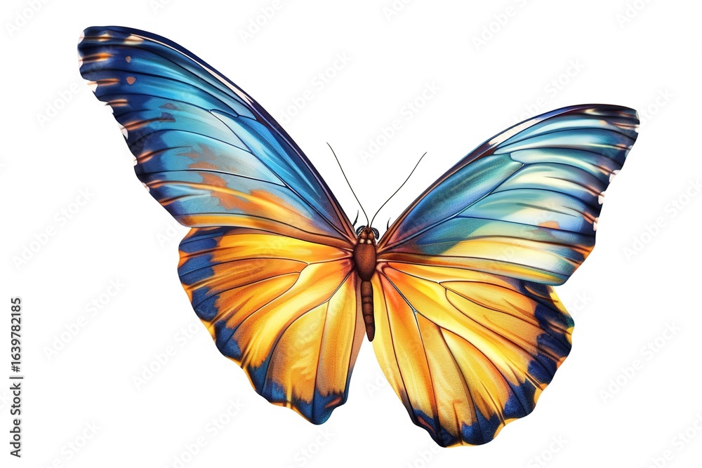 Obraz premium Very beautiful blue yellow orange butterfly in flight isolated on a transparent background.